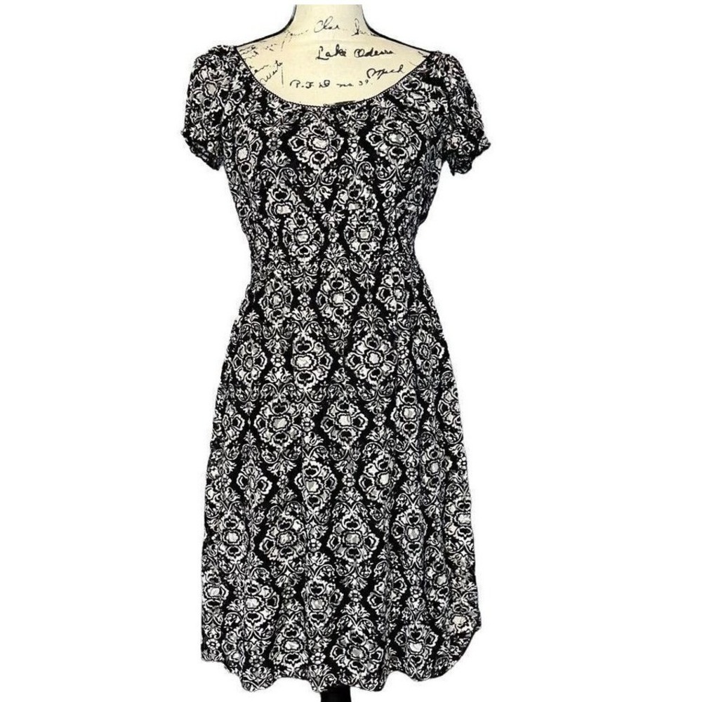 Cato‎ Black White Damask Smocked Waist Fit Flare Dress Short Sleeve Small